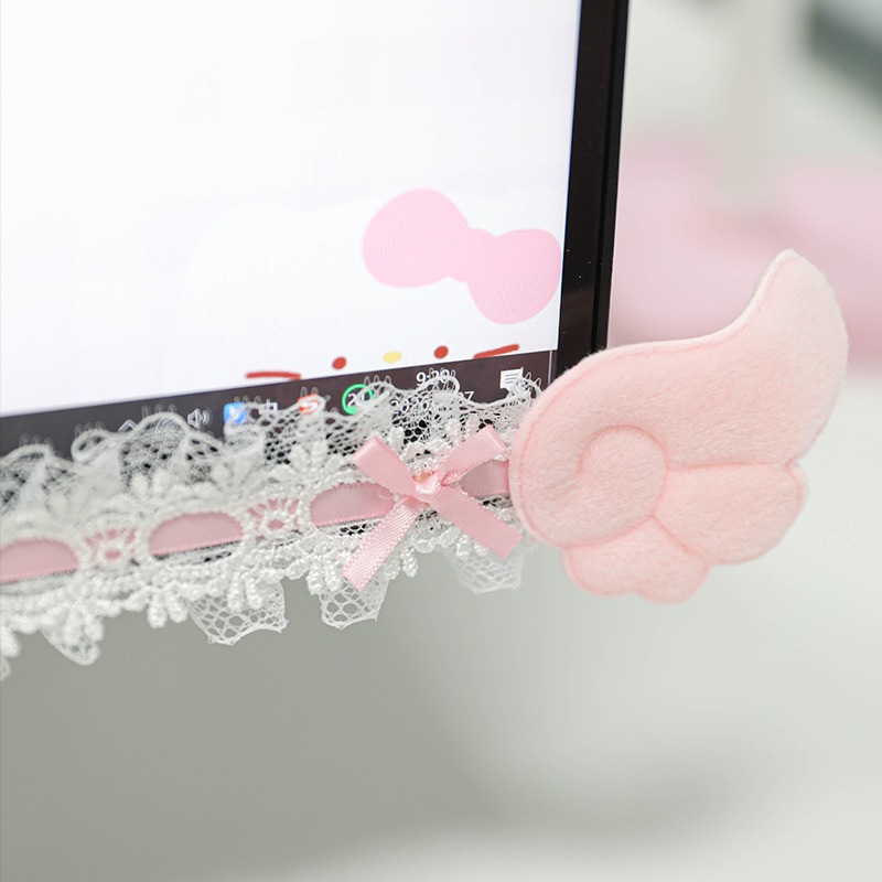 Accessories For Your Gaming Room - กรอบตกแต่งจอภาพลายลูกไม้น่ารัก พร้อมปีกนางฟ้า โบว์คาวาอี้ แถบตกแต่งหน้าจอสำหรับห้องเล่นเกม อุปกรณ์เสริมจอคอมพิวเตอร์